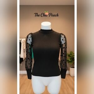 Chic Black Sweater Top with Sheer Polka Dot Sleeves NWT | Cafe 7 Tag